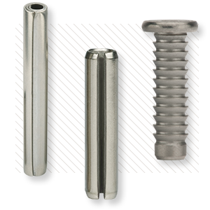 Coiled Spring Pin, Slotted Spring Pin & headed, barbed Solid Pin (from left to right)