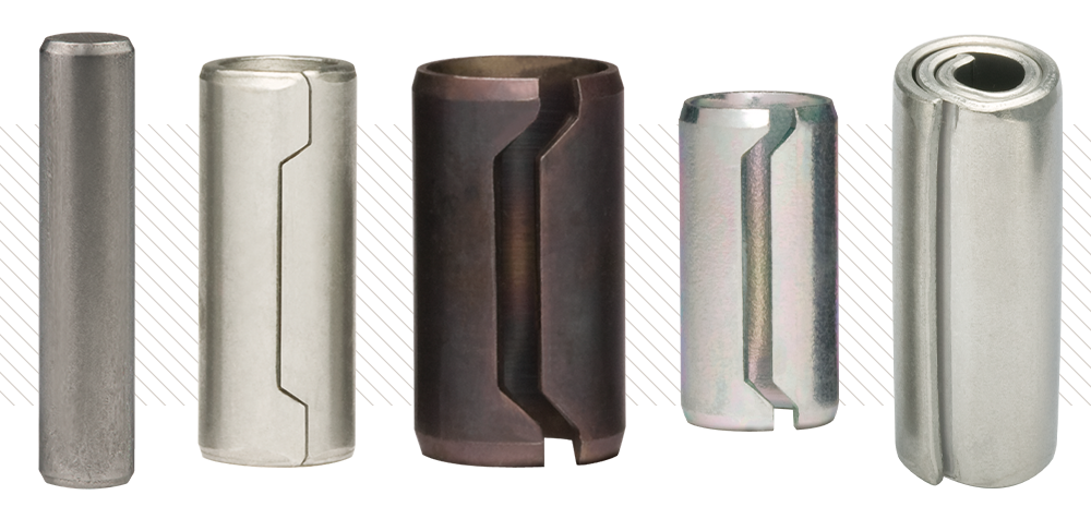 Figure 2: From left to right: Ground Parallel Pin per ISO 8734, Ground Hollow Dowel, Dowel Bushing, Spring Dowel, and a Coiled Spring Pin